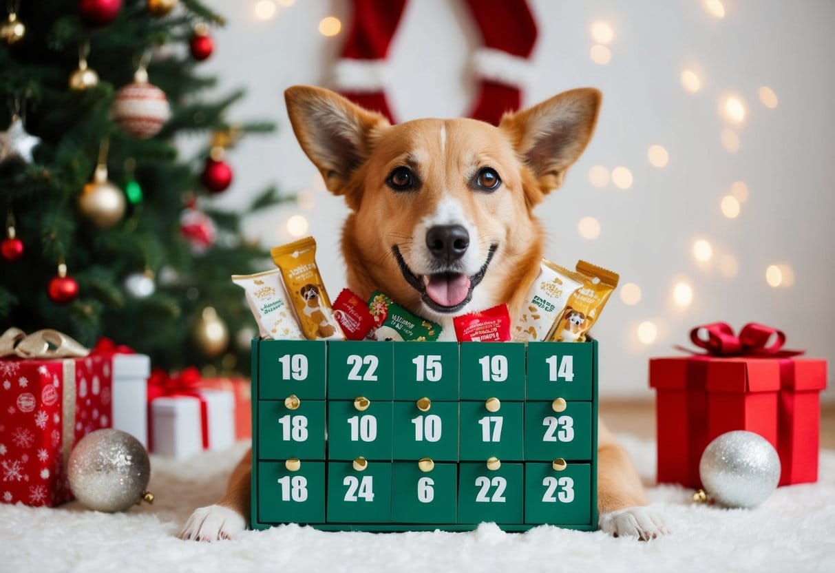 En hund åbner ivrigt en julekalender fyldt med hundegodbidder omgivet af festlige juledekorationer